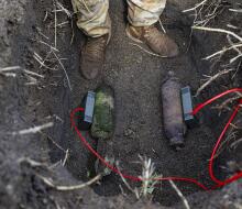 Explosive charges are placed on the Second World War ordnance for safe disposal