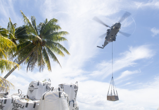 A Royal New Zealand Air Force NH90 helicopter carries an underslung load on the right of the frame. On the left of the frame there are palm trees and other loads.