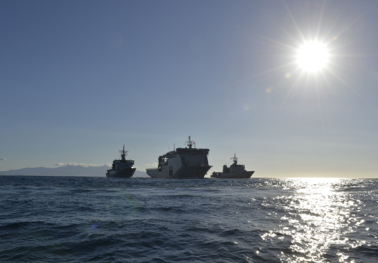 HMNZS Ships Otago, Canterbury and Wellington sailing together on the sea.