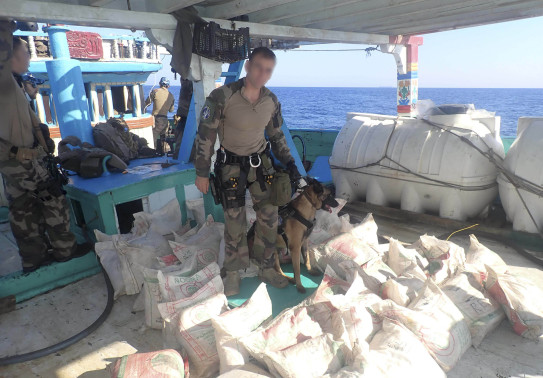 Sailors on French Frigate FS Floreal stands with a dog surrounded by illicit drugs seized. 