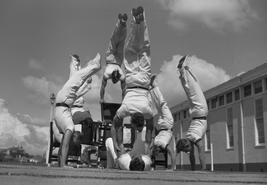 A black and white photo of Physical Training Instructors showcase their strength and agility in a gymnastic display in the 1960s. They conduct handstands on the ground and various aparatus.