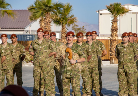 Lieutenant Colonel Williams assumes command of NZ contingent TG653.5 (pictured at the front) with a unit of Army personnel behind, standing at ease.