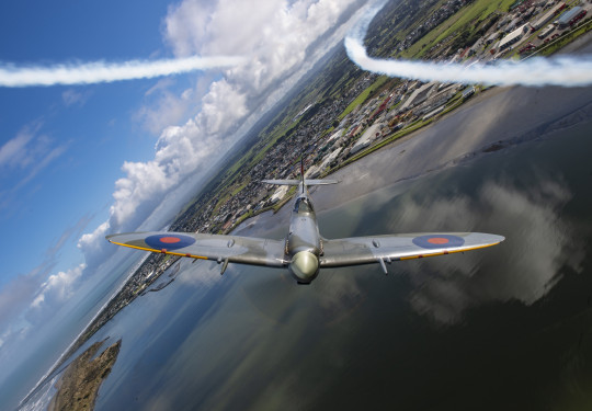 The Biggin Hill Trust Spitfire flies over Whanganui as part of 2022 Anzac Day commemorations
