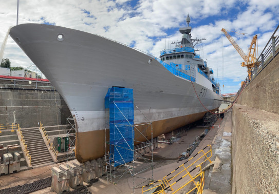 HMNZS Te Kaha mid-refit at the Calliope Dry Dock 