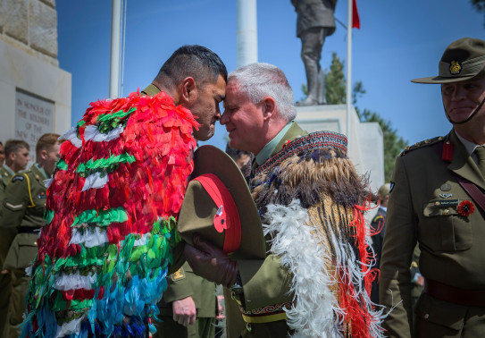 Corporal Nori Lee and Chief of Army Major General Boswell hongi at the New Zealand Memorial Service in Chunuk Bair, Gallipoli.