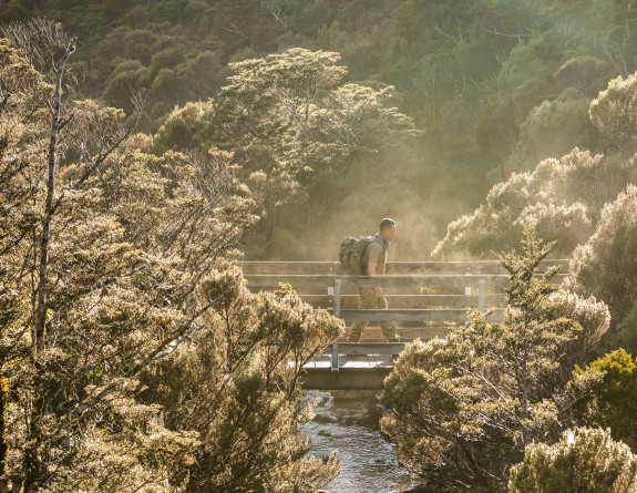 A soldier crosses a bridge on the Heaphy Track in the morning. A rocky stream can be seen underneath, and brown and golden trees are scattered around the landscape. Steam rises as the day warms.