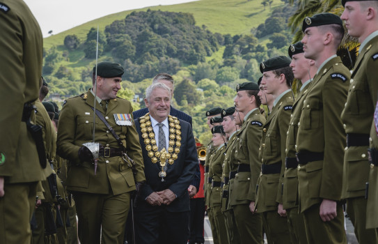 Major Mike Lawry, left, escorts Christchurch mayor Phil Mauger reviews troops from Burnham Military Camp as part of celebrations of the 50 years of the charter between the NZ Army and Akaroa