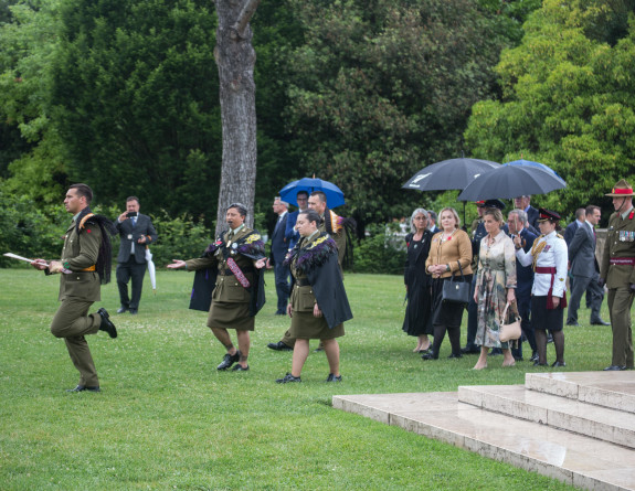 The New Zealand Defence Force Māori Cultural Element clears the way to welcome the Official Party to the New Zealand National Commemorative Service at the Cassino War Cemetery. Among the attendees were Defence Minister Judith Collins and Her Royal Highnes