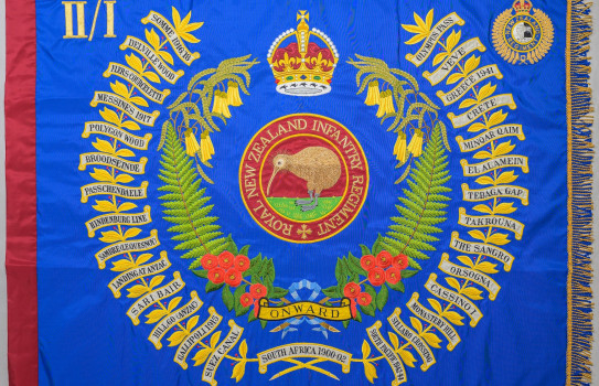 The new Regimental Colour of 2nd/1st Battalion, Royal New Zealand Infantry Regiment, emblazoned with eight additional battle honours