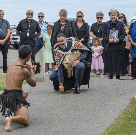 Flight Lieutenant Thomas Cookson supported by friends, whānau and members of his iwi Ngāti Uenukukopako