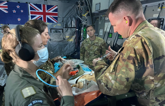 Personnel from the New Zealand Defence Force Aeromedical Evacuation team on-board a Royal Air Force A400M Atlas during Mobility Guardian 23.   