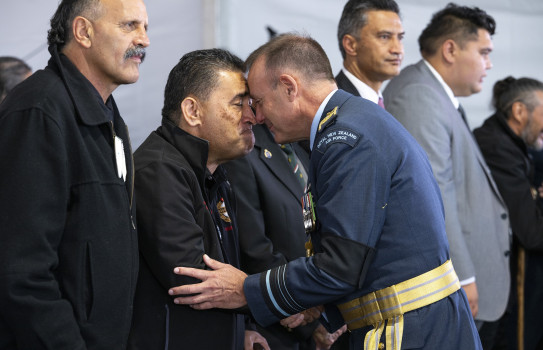 Chief of Defence Force Air Marshal Tony Davies greets Kingi Biddle of Te Arawa